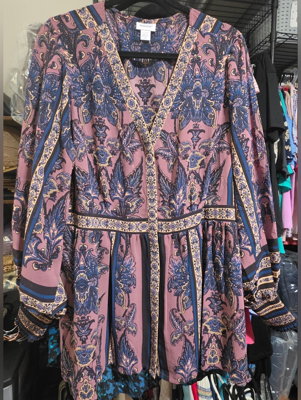 AVENUE Pink & Navy Paisley V-Neck Long Sleeve Blouse